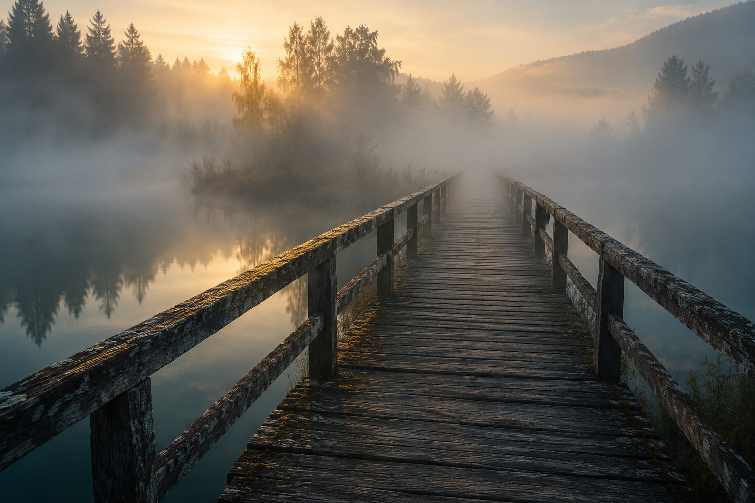 Eine alte Holzbrücke führt im Morgennebel über einen stillen See, ihr anderes Ende verliert sich im Dunst